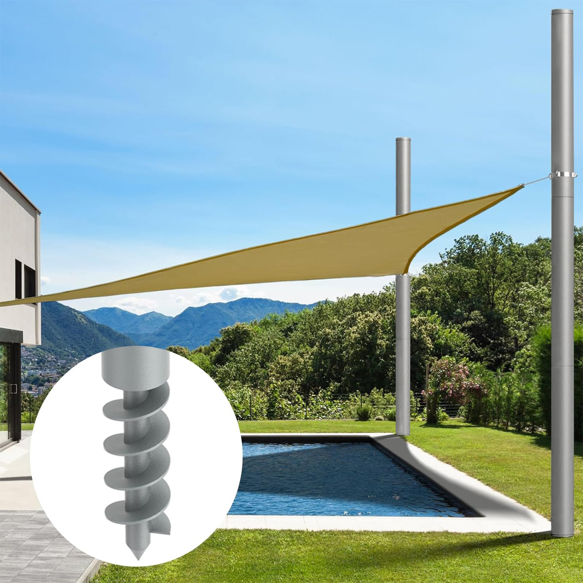 Miveda shade sail poles with spiral grounding for extra stability on grass.