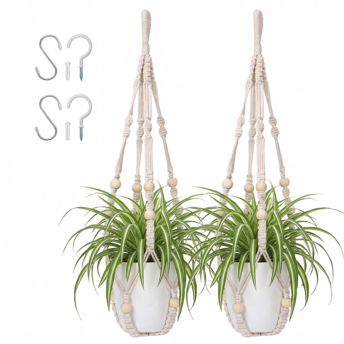 Mivofo ivory macrame plant hanger setup showing two hangers for indoor greenery.