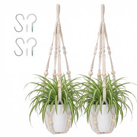 Mivofo ivory macrame plant hanger setup showing two hangers for indoor greenery.