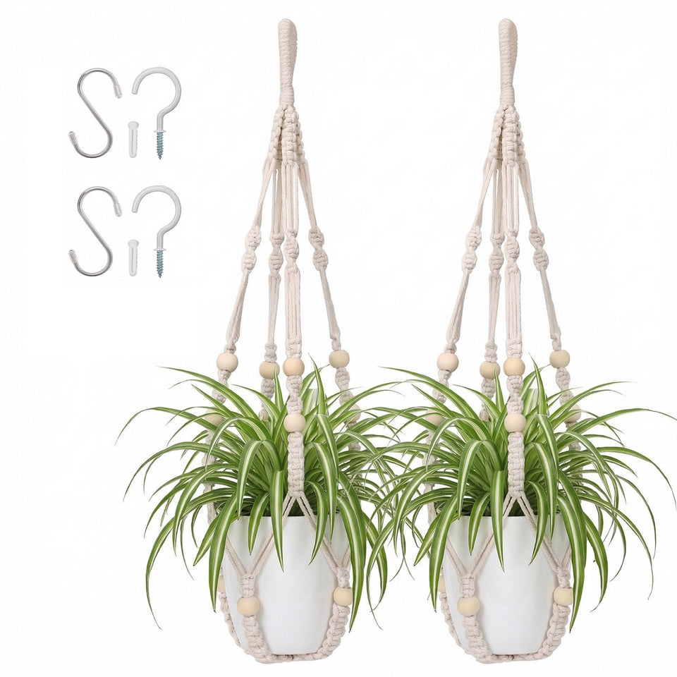 Mivofo ivory macrame plant hanger setup showing two hangers for indoor greenery.
