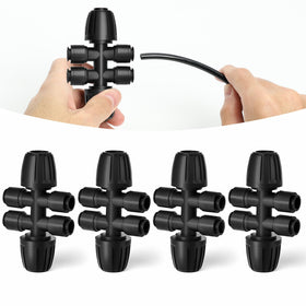 MIXC 4-pack 1/2 to 1/4 barbed tee connector enables four-way drip distribution.