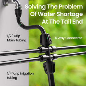 MIXC 4-way connector supports versatile garden irrigation setups.