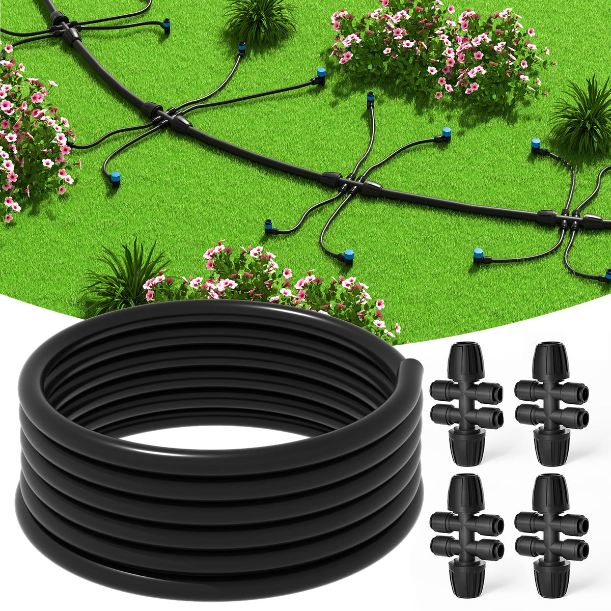 MIXC 50 ft half-inch drip tubing mainline in a garden setup for durable watering
