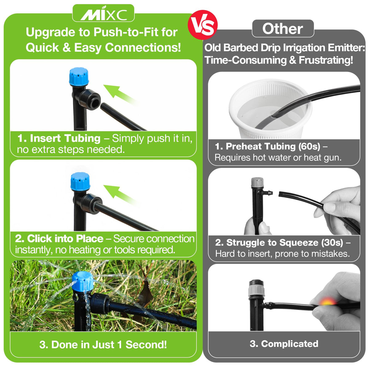 MIXC adjustable-flow-drip-emitter-closeup demonstrates customizable watering for diverse plant needs.