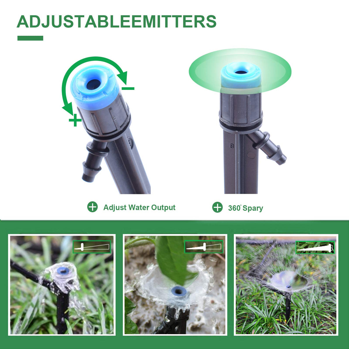 Mixc adjustable-flow drip emitter enabling custom watering across beds and lawns.