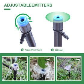 Mixc adjustable-flow drip emitter enabling custom watering across beds and lawns.