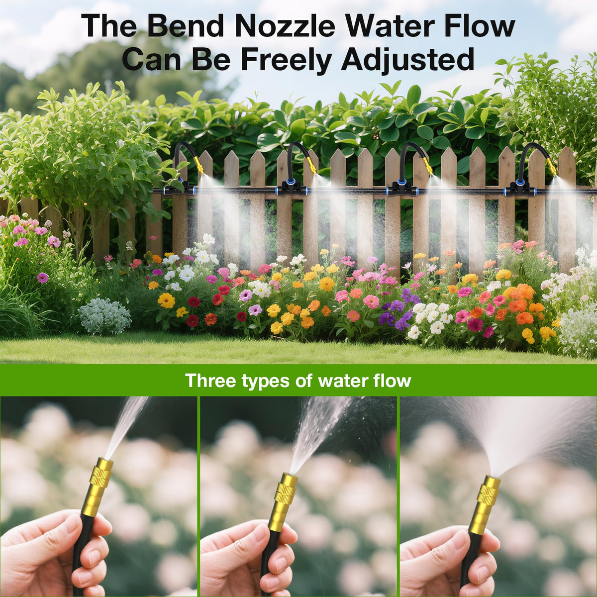 MIXC bendable emitter rods 20cm positioned for precise watering around beds.