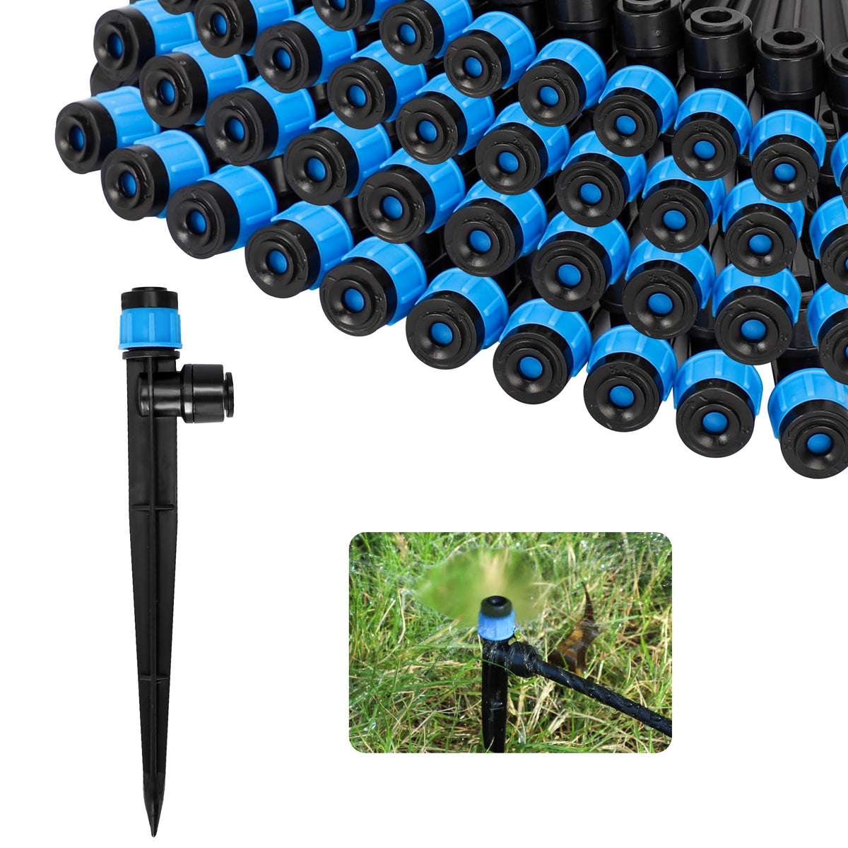 MIXC drip emitters 40-pack ready for quick tool-free installation on 1/4 inch tubing.