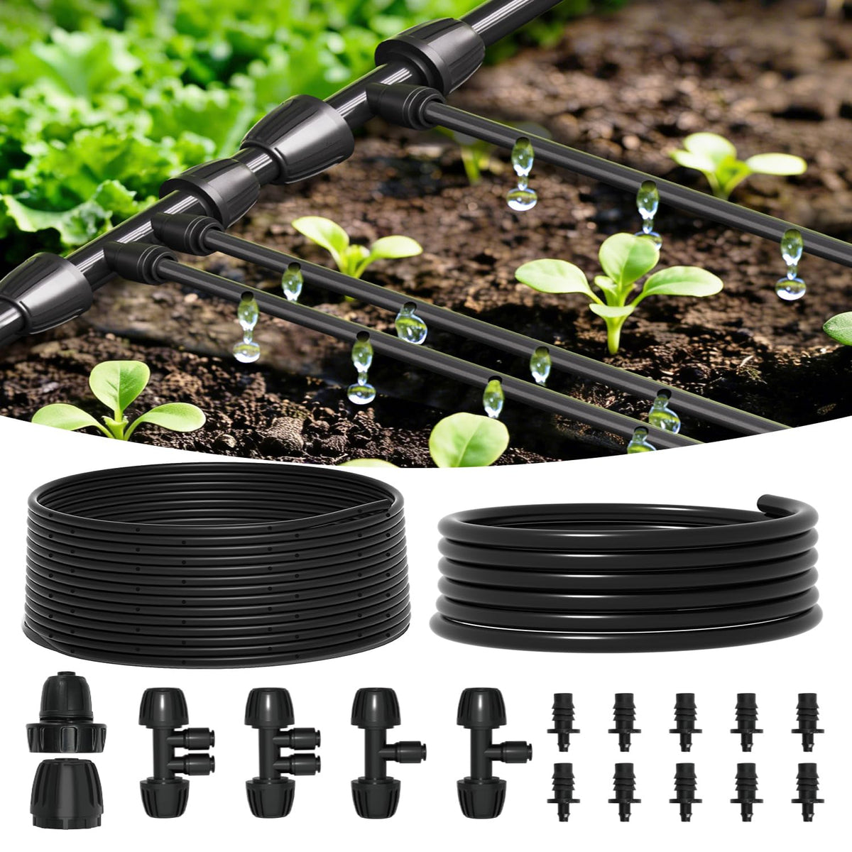 MIXC drip irrigation kit laid in a garden bed for even, water-efficient irrigation.