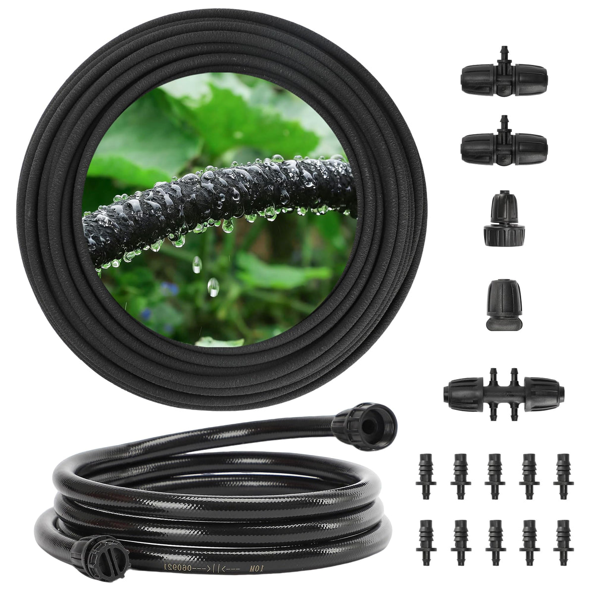 MIXC drip irrigation system with 100ft soaker hose enables even root watering in raised beds.
