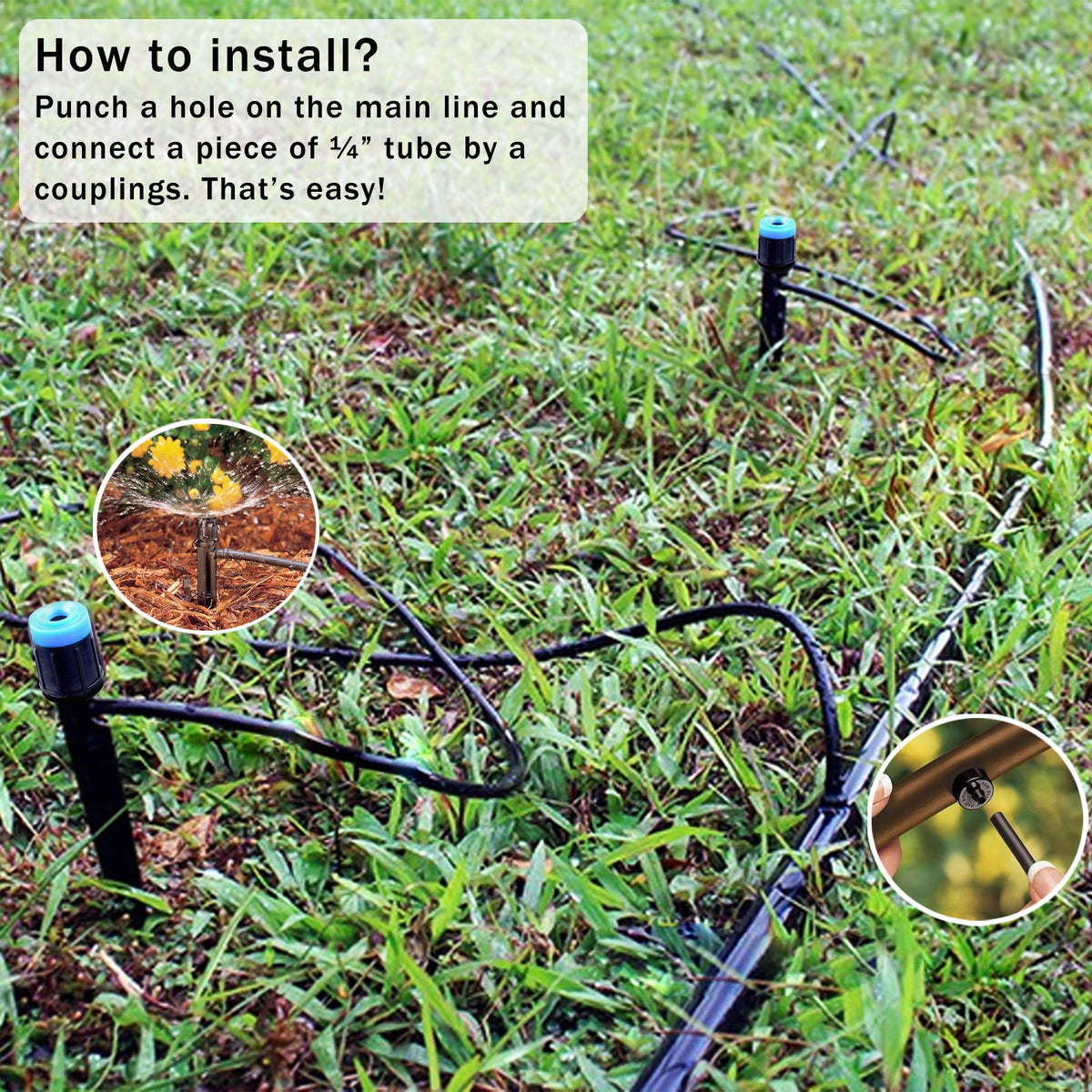 Mixc emitter compatible with 1/4 inch tubing for flexible irrigation setup.