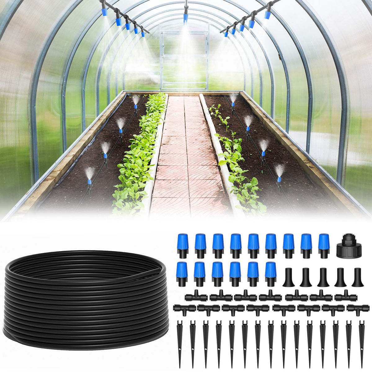 MIXC misting nozzle closeup for precise irrigation in greenhouse settings.