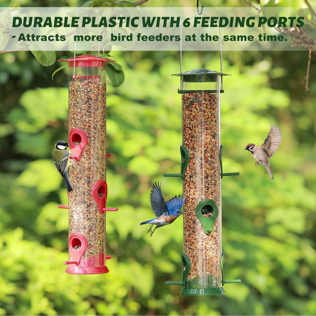 MIXXIDEA 6-port bird feeder tube hanging—attracts multiple species from your deck