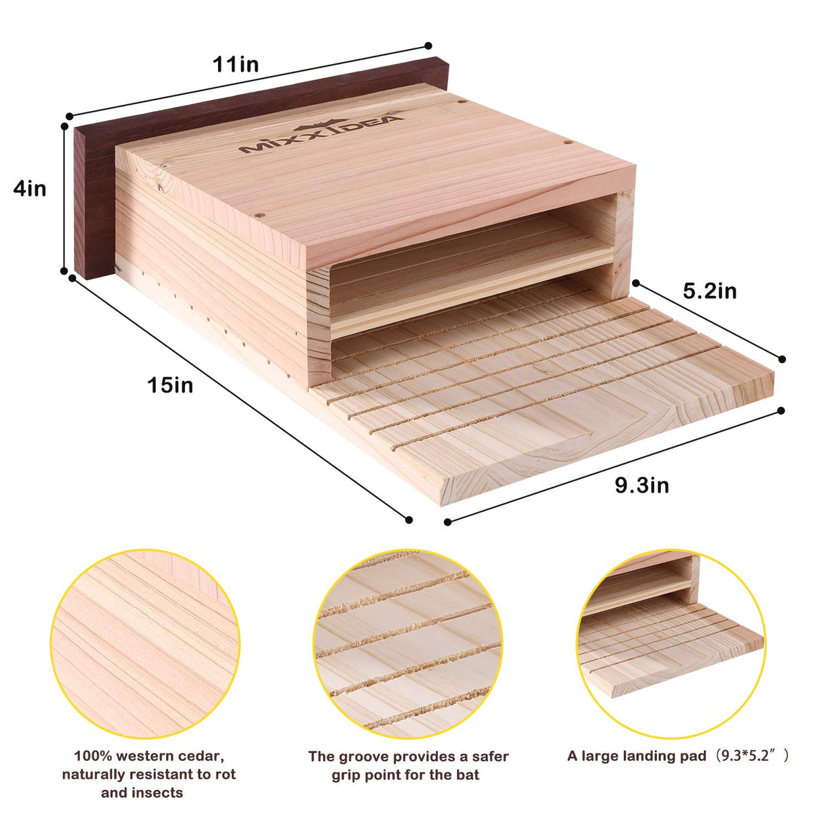MIXXIDEA cedar wood construction, weather-resistant outdoor bat shelter.