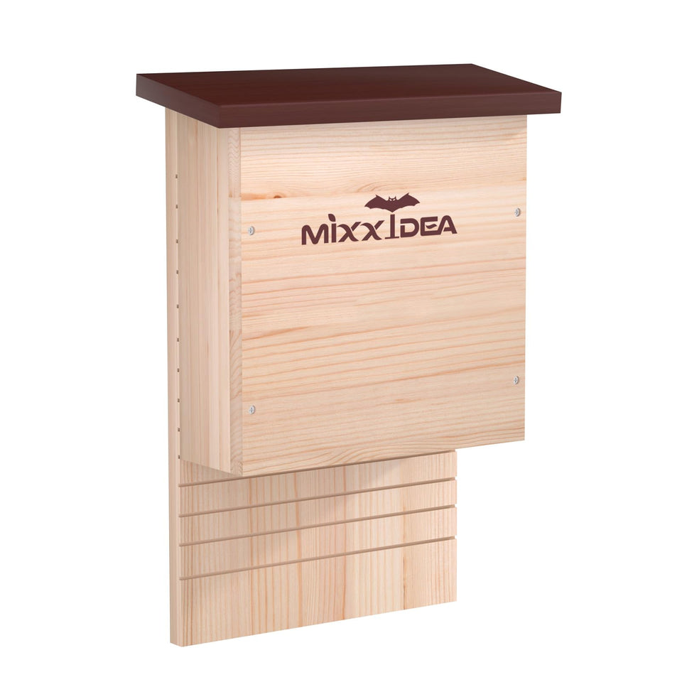 MIXXIDEA bat house front view, cedar outdoor shelter for small bat roosts and habitat.