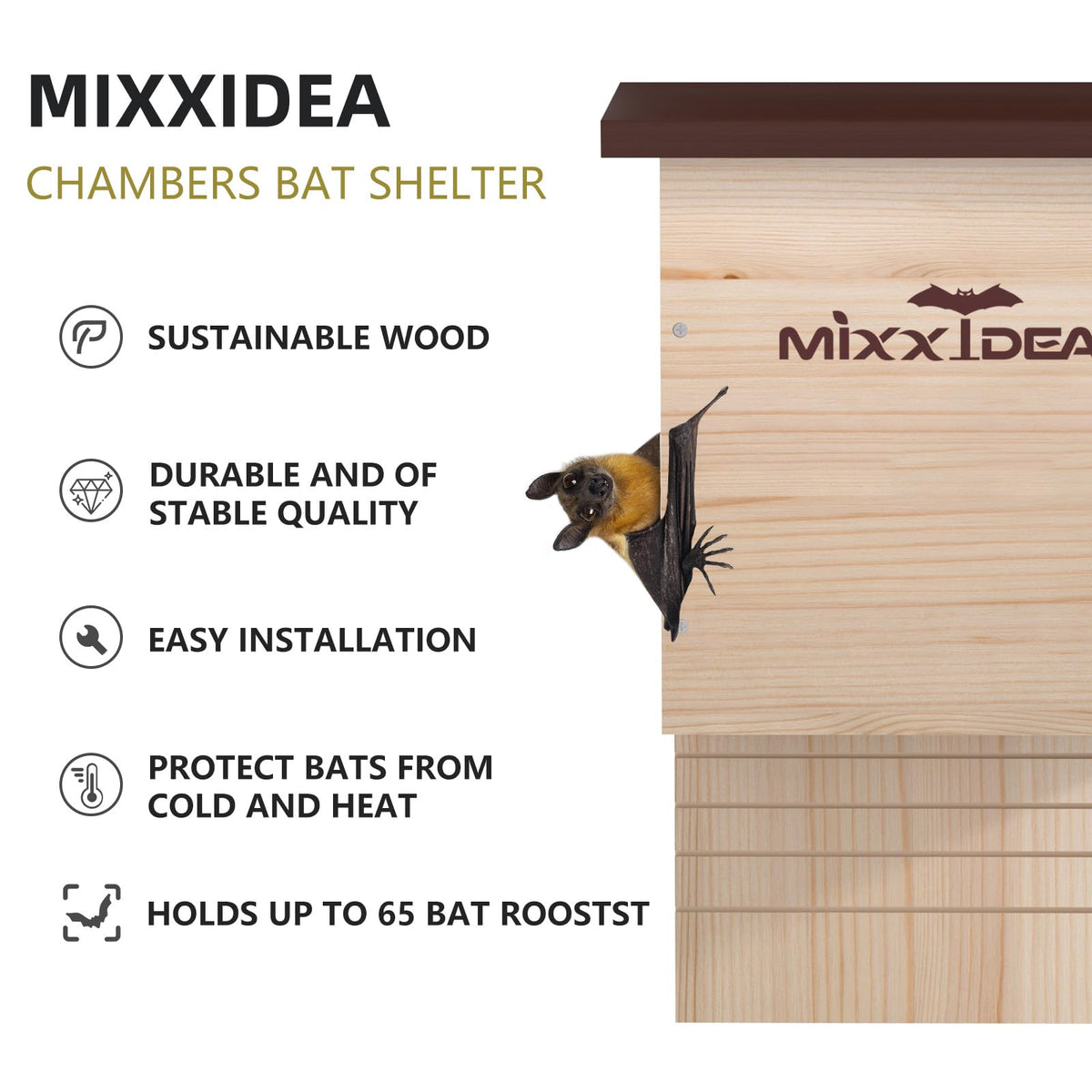 MIXXIDEA bat house side grooved panel, provides firm climb-in access for roosting.