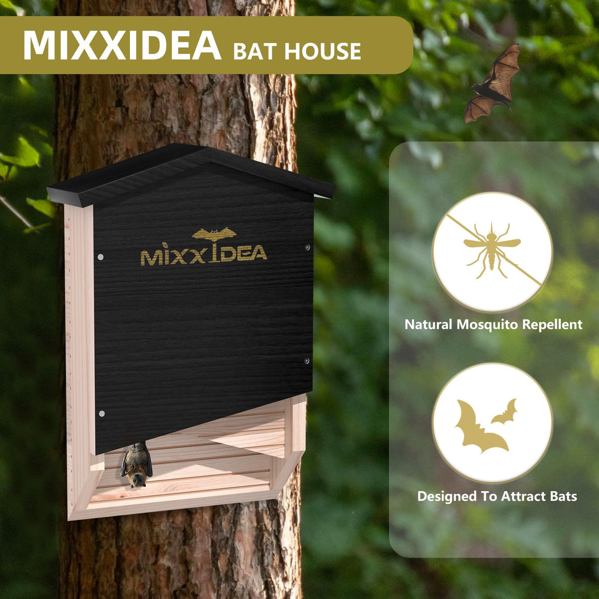 MIXXIDEA outdoor bat habitat demonstrates cedar interior suitable for roosting.