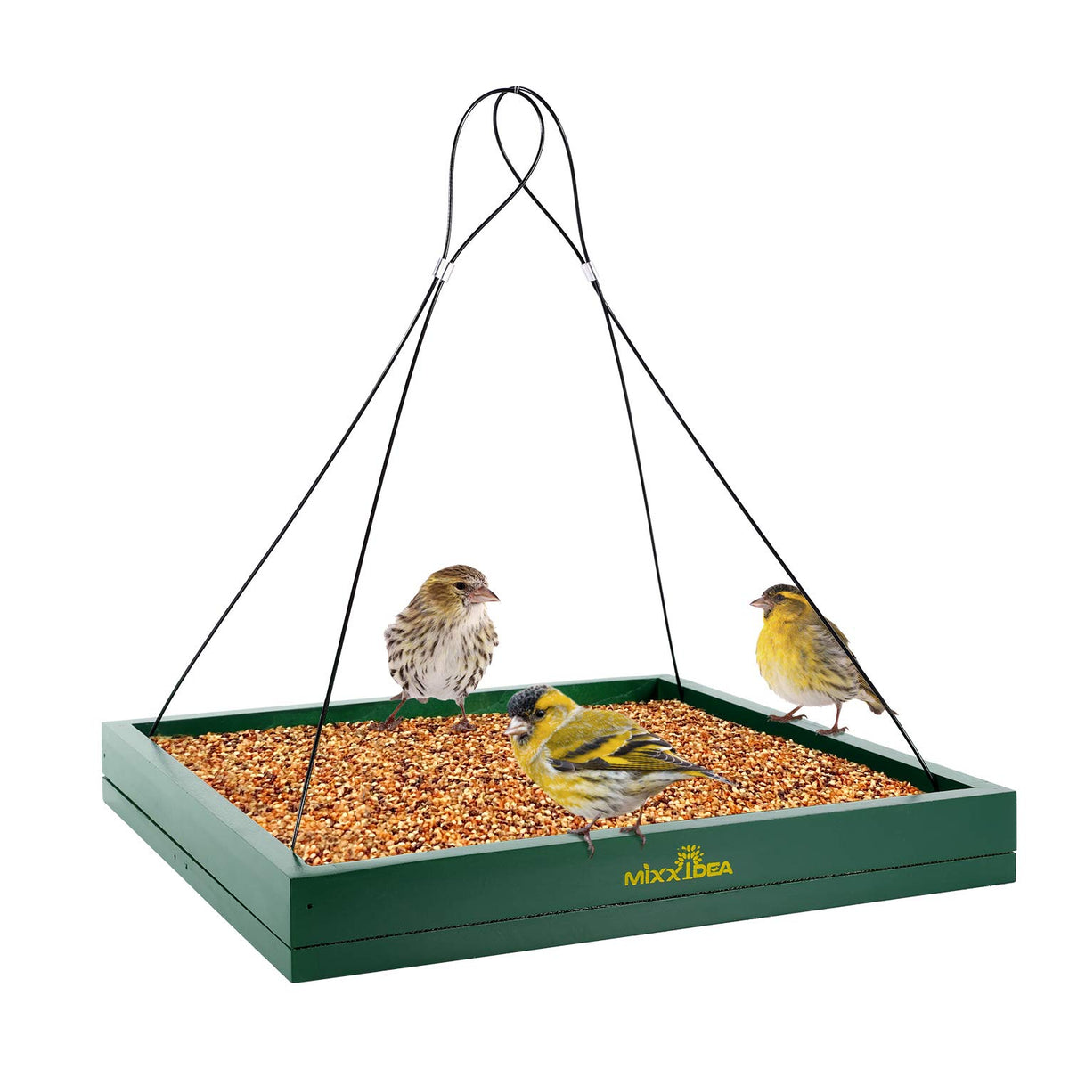MIXXIDEA bird feeder hanging tray, green, with a wide feeding area for diverse wild birds.