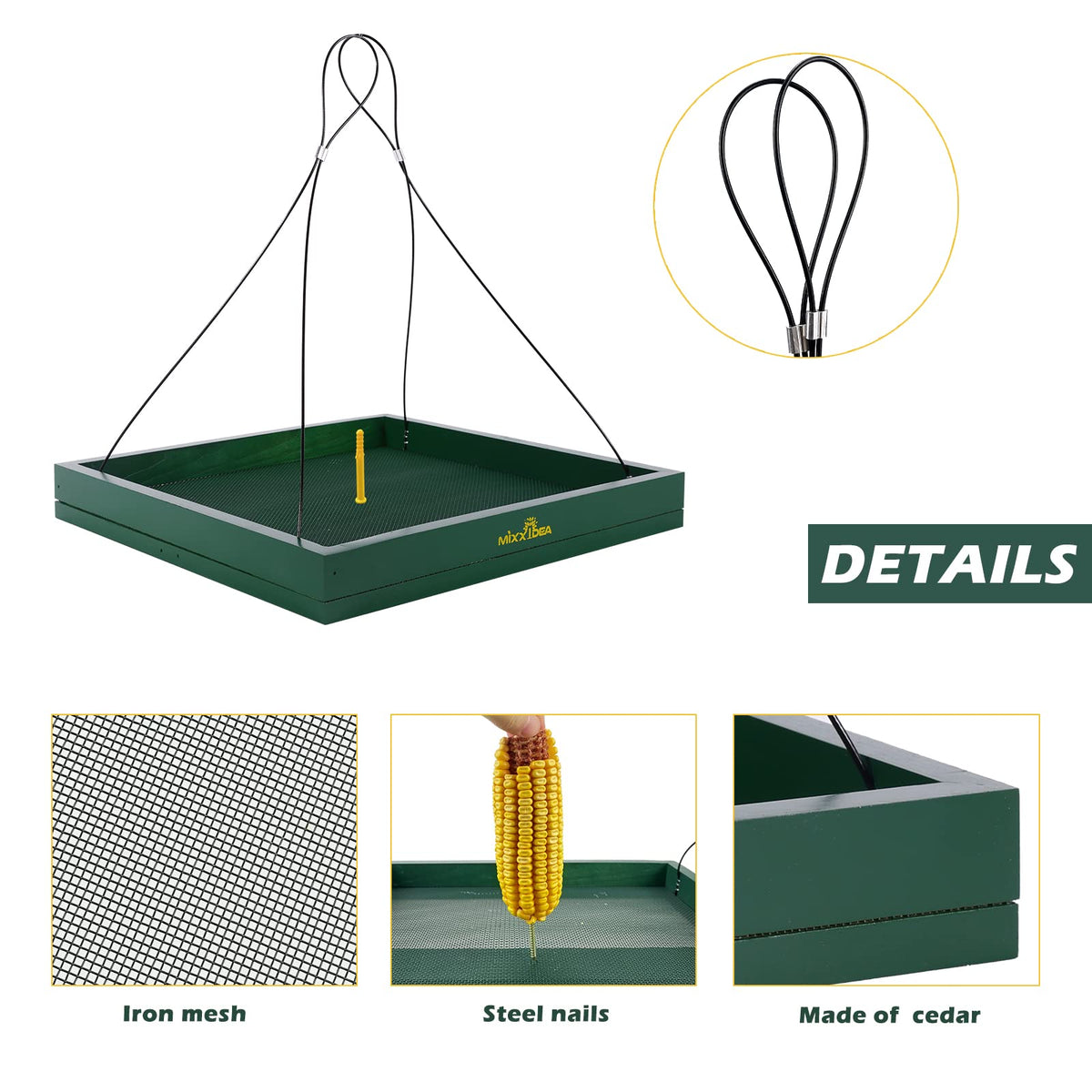 MIXXIDEA green hanging feeder includes nails for corn preparation and squirrel treats.