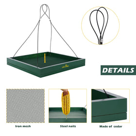 MIXXIDEA green hanging feeder includes nails for corn preparation and squirrel treats.