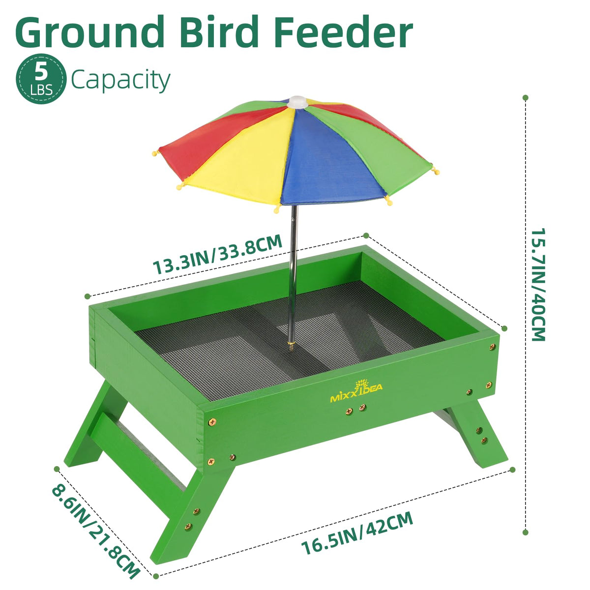 MIXXIDEA bird feeder shows mesh bottom for drainage and freshness