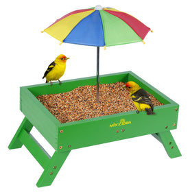 MIXXIDEA ground bird feeder with umbrella roof attracting diverse backyard birds and squirrels