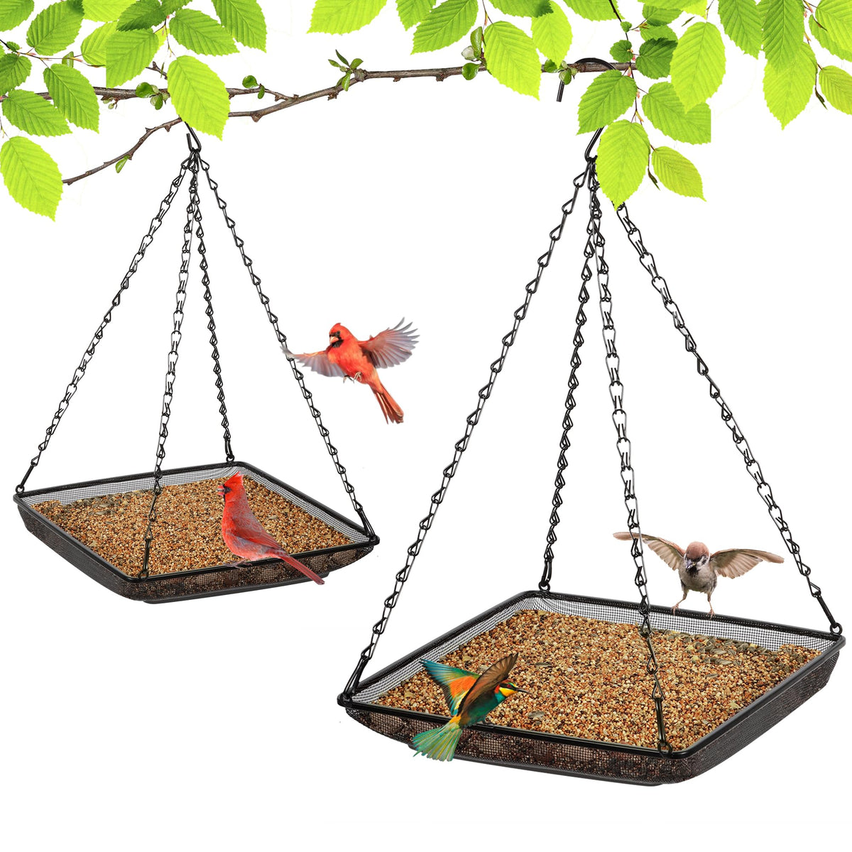 MIXXIDEA Hanging Bird Feeder Tray front view shows sturdy 11x11 mesh