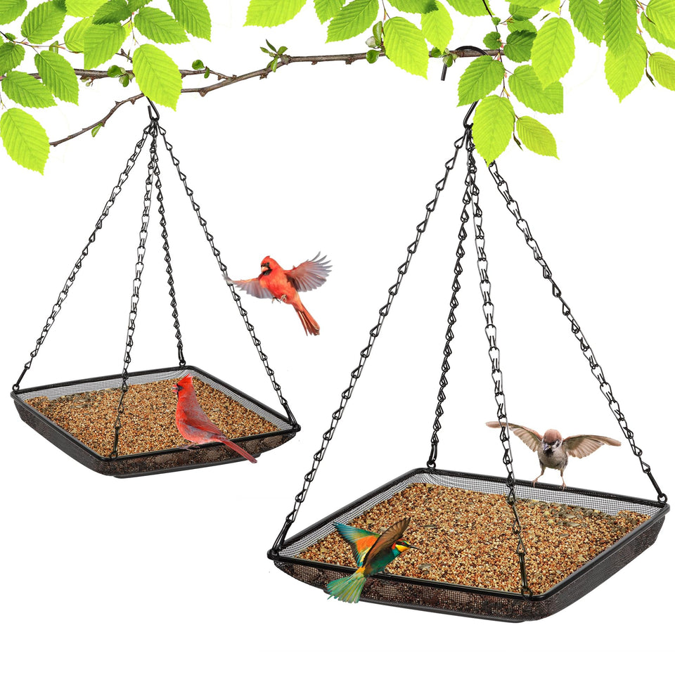 MIXXIDEA Hanging Bird Feeder Tray front view shows sturdy 11x11 mesh
