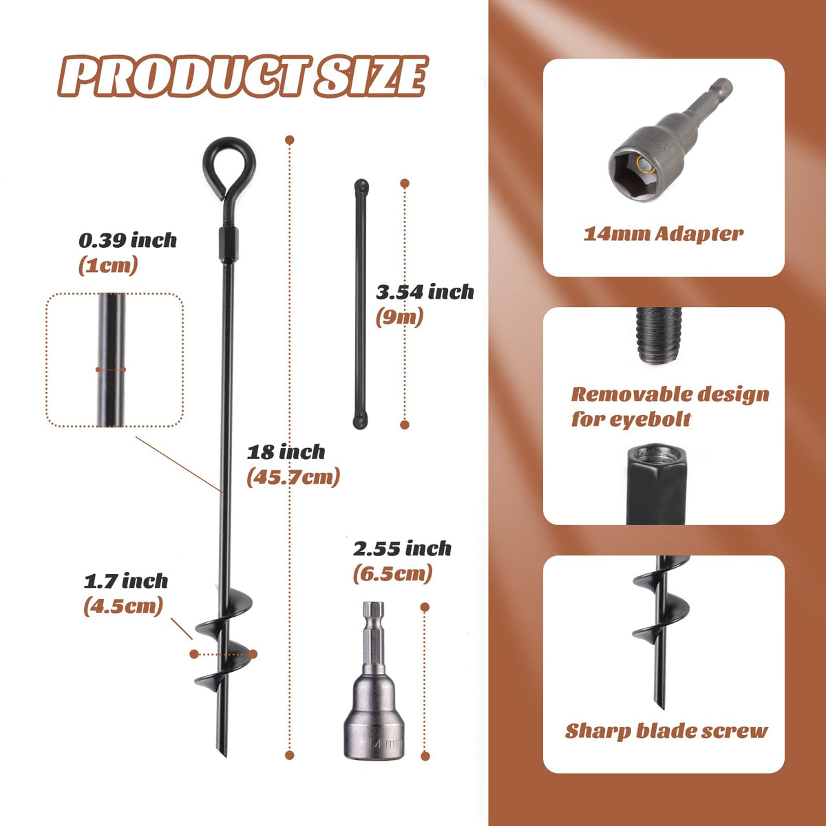 MIXXIDEA spiral metal ground stake in black for durable outdoor use.