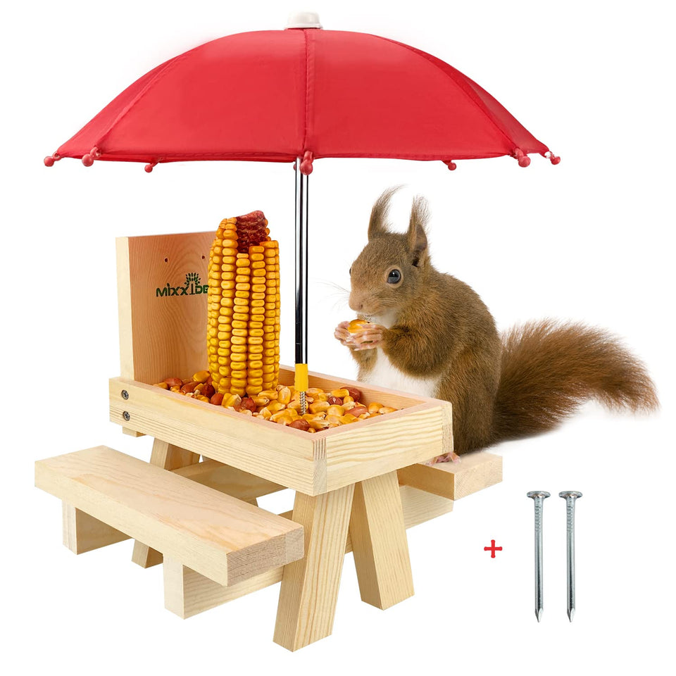 MIXXIDEA Squirrel Feeder Table with Umbrella inviting squirrels and shielding food.