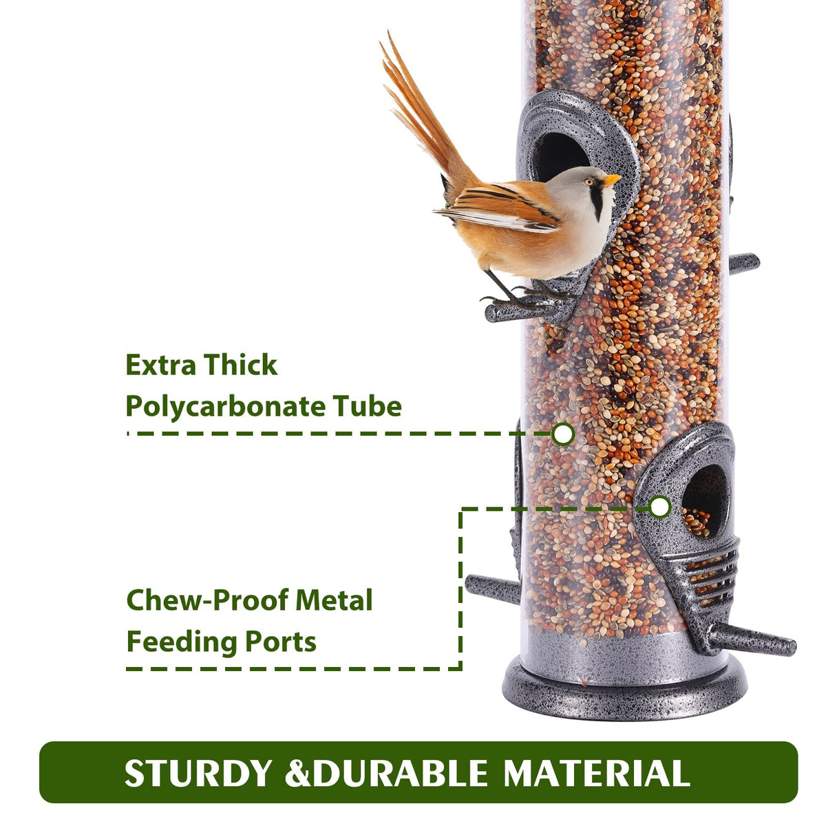 MIXXIDEA squirrel-proof construction helps protect seed outdoors.