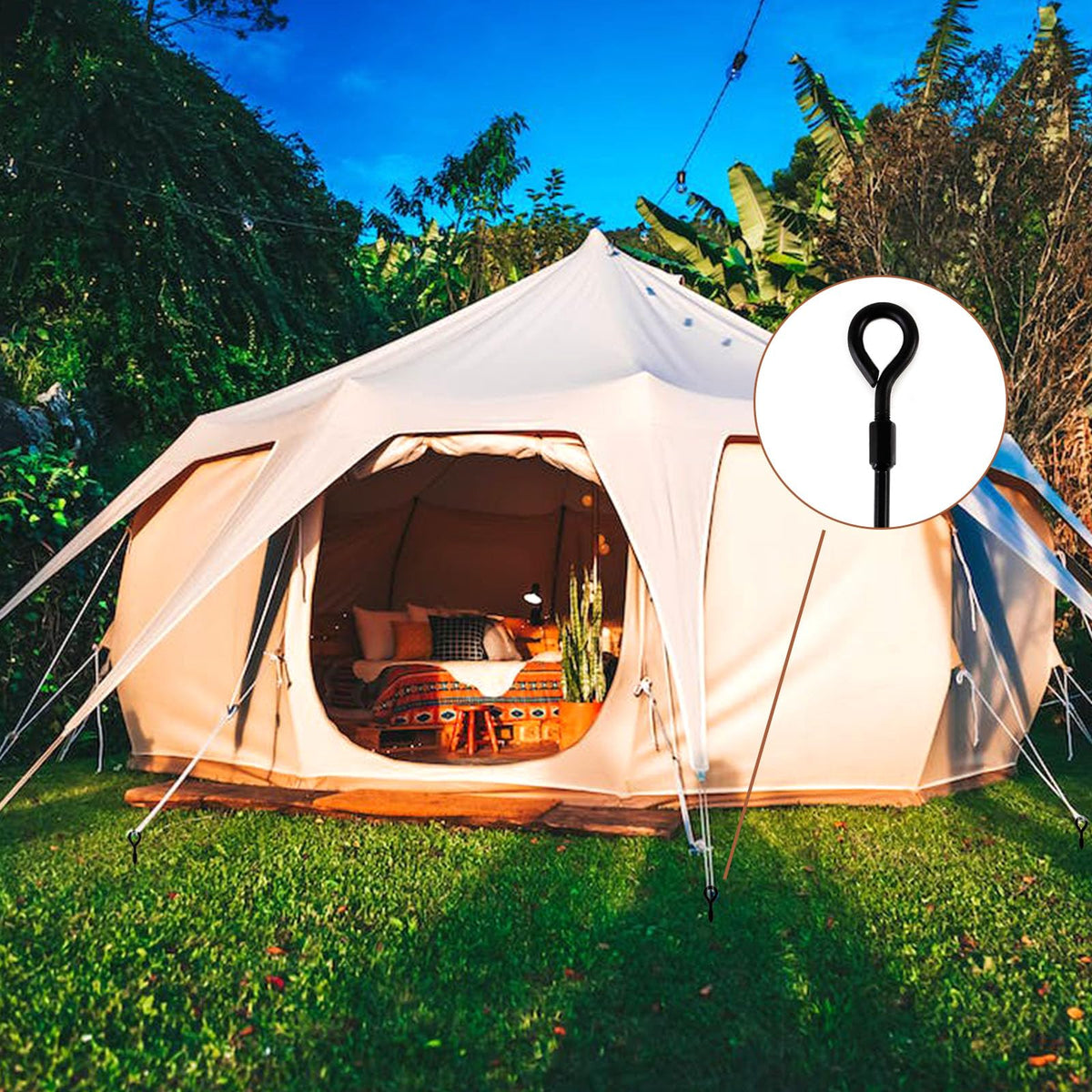 MIXXIDEA tent or canopy ground anchor stabilizes shelter on windy days.