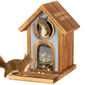 MIXXIDEA wooden squirrel feeder front view highlights large capacity for nuts.