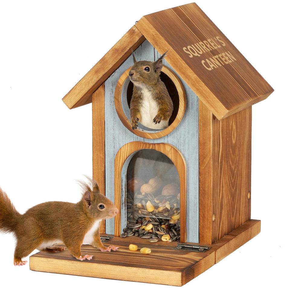 MIXXIDEA wooden squirrel feeder front view highlights large capacity for nuts.