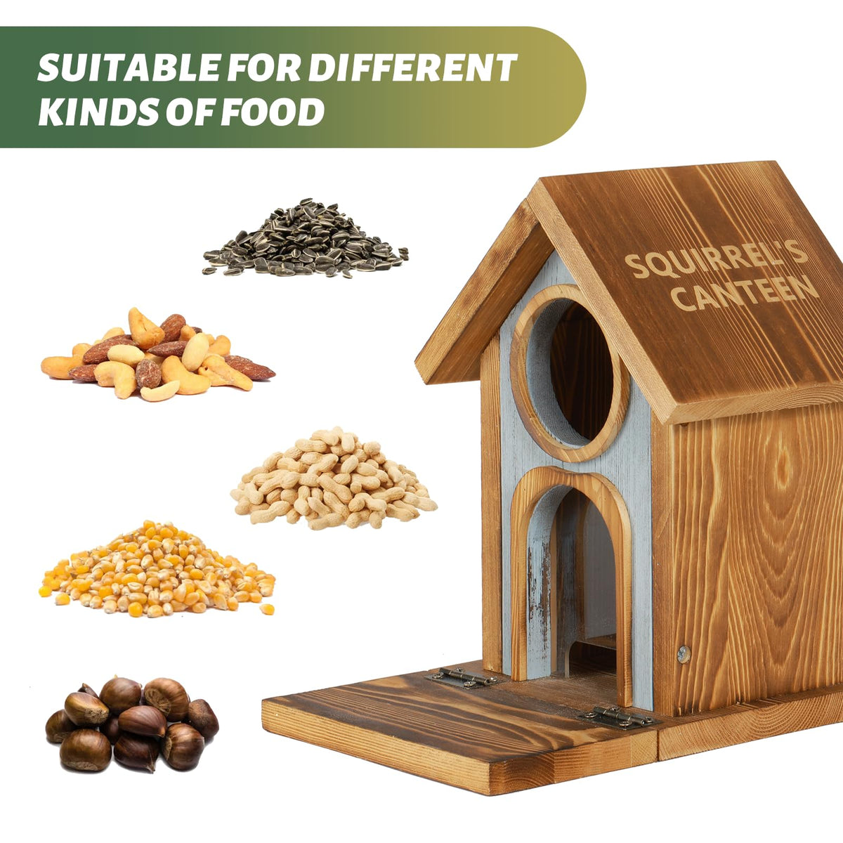MIXXIDEA wooden squirrel feeder mounted to a tree demonstrates sturdy construction.