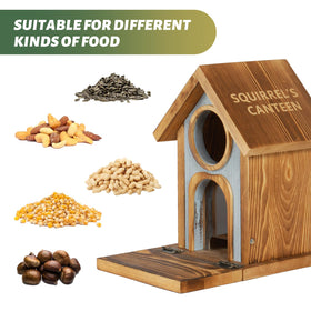 MIXXIDEA wooden squirrel feeder mounted to a tree demonstrates sturdy construction.