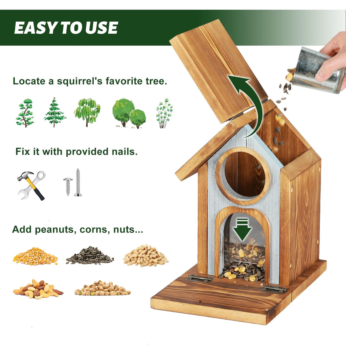 MIXXIDEA wooden squirrel feeder open roof enables easy loading and cleaning.