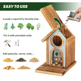 MIXXIDEA wooden squirrel feeder open roof enables easy loading and cleaning.