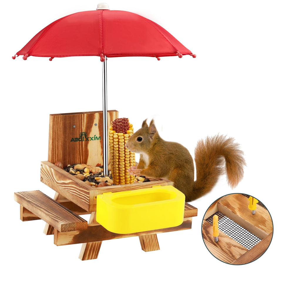 MIXXIDEA wooden squirrel feeder table with water bowl enables easy outdoor feeding and hydration.