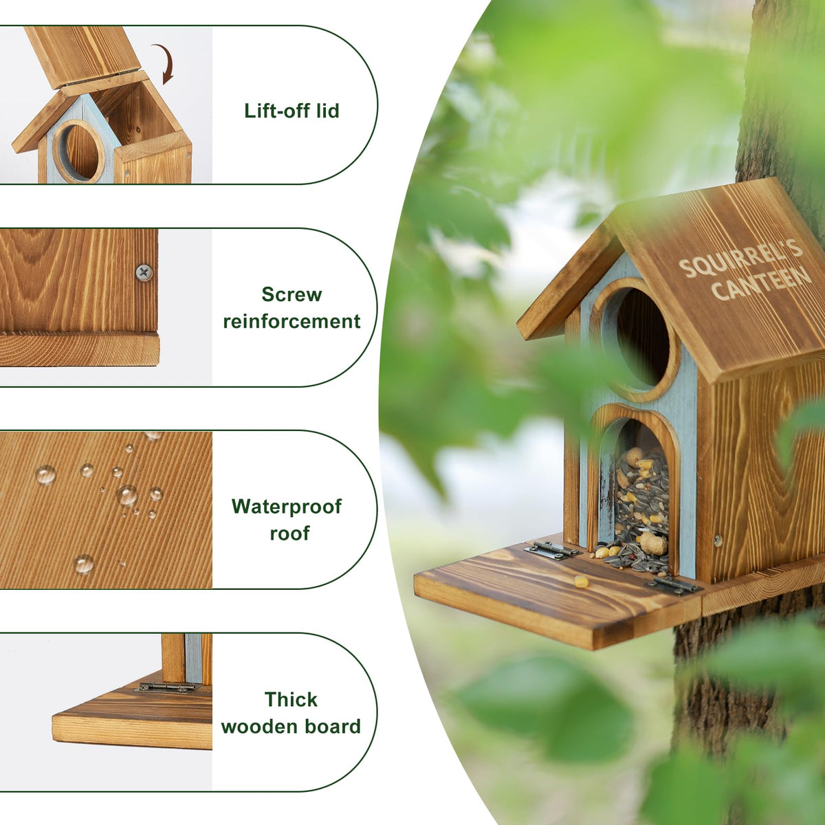 MIXXIDEA wooden squirrel feeder with two openings accommodates varied foods.