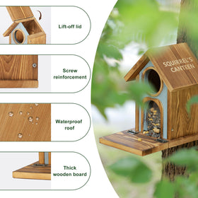 MIXXIDEA wooden squirrel feeder with two openings accommodates varied foods.