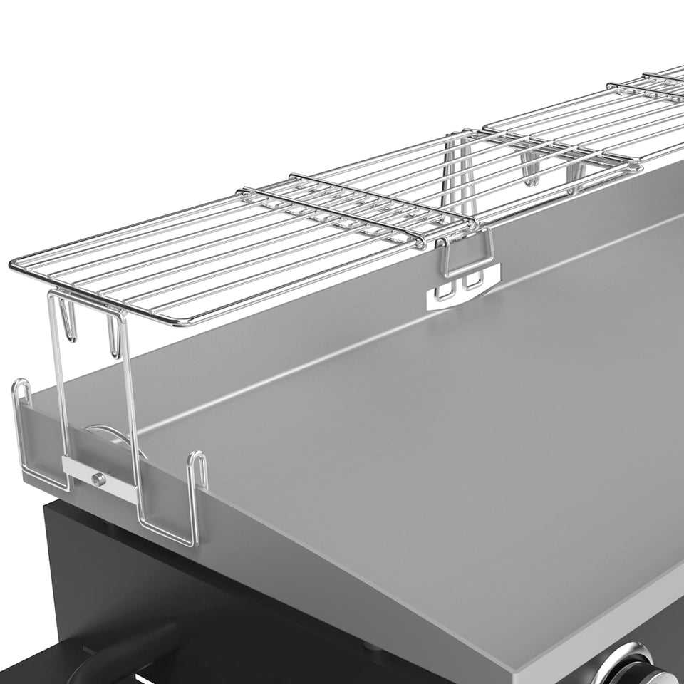 MixRBBQ griddle warming rack mounted on a Blackstone griddle for even indirect warming