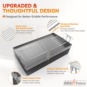 MixRBBQ universal-fit Blackstone 36-inch rack secured over the griddle edge