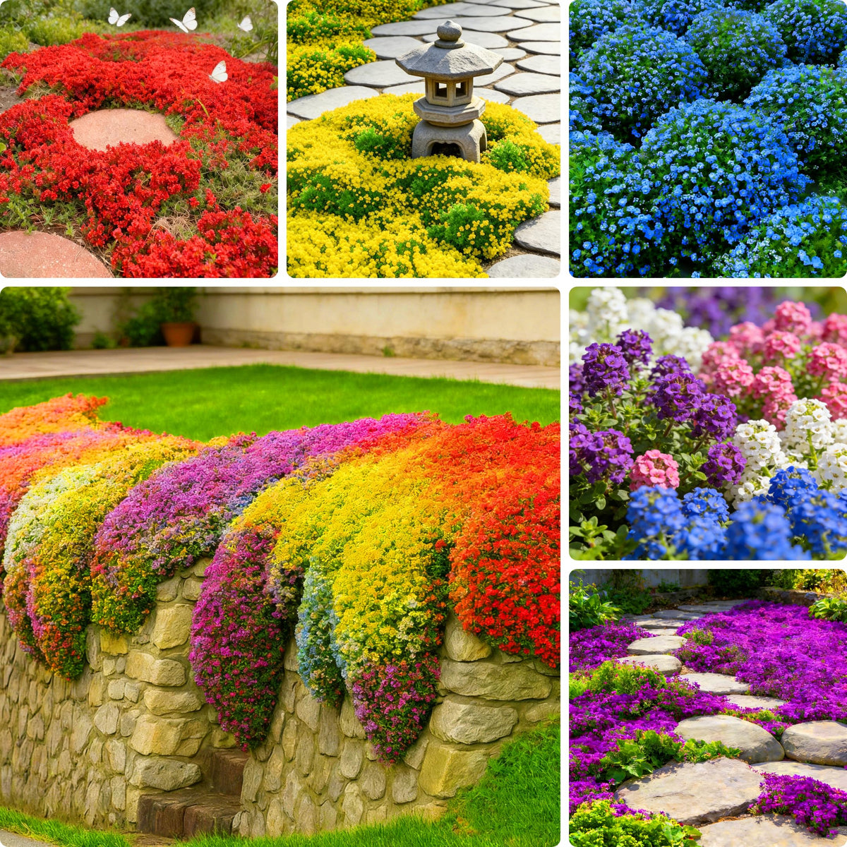 Mixrug creeping thyme seeds form dense ground cover mats for weed suppression.