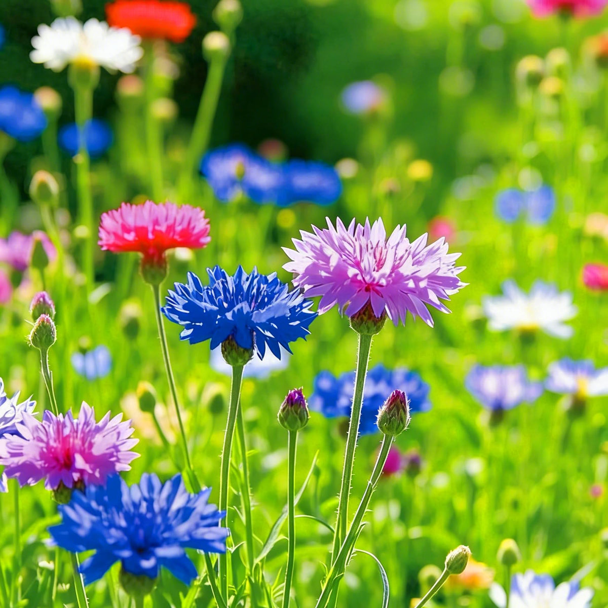 Drought-tolerant Mixrug cornflowers thriving in garden bed.