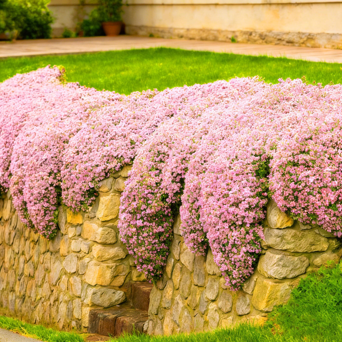 Close-up of Mix rug ground-cover thyme mats spreading along a garden path