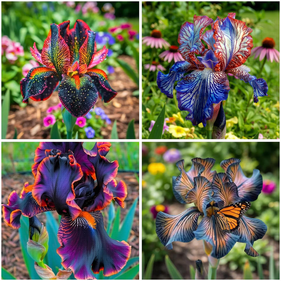 Mixrug iris seeds with exotic bearded blooms for a vibrant garden display.