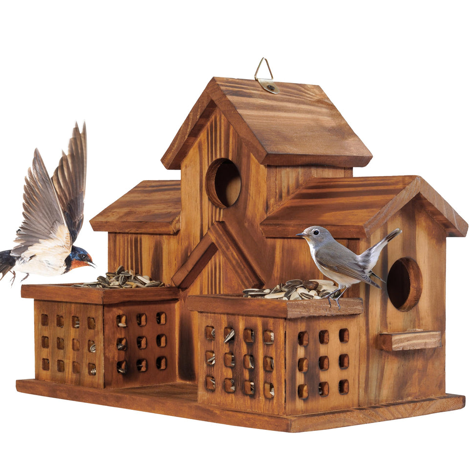 MIXUMON 3-hole bird house front view for outdoor nesting with weatherproof design.