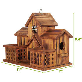 MIXUMON bird feeder front display attracting seed-loving birds in your garden.