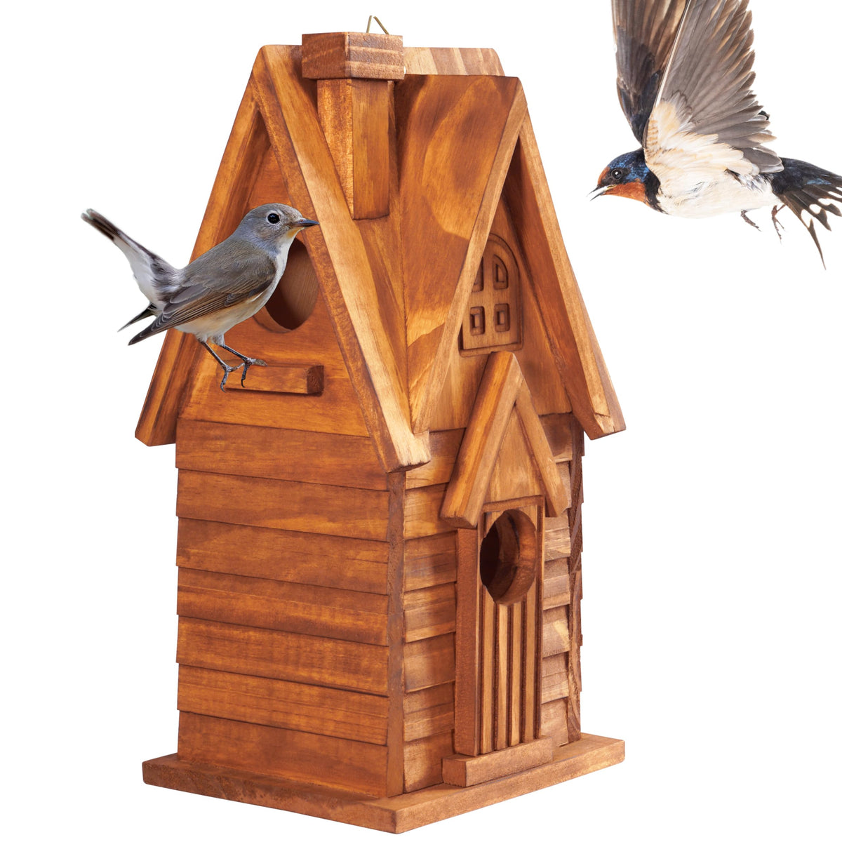 MIXUMON Bird House outdoor front view with two rooms for nesting bluebirds.